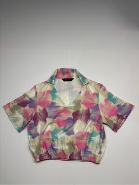 Multicolored Abstract Print Cropped Collar Top